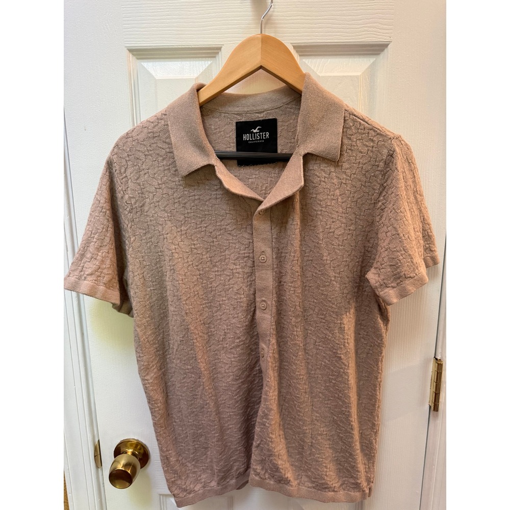Hollister Tan Textured Knit Button Down Polo Shirt Mens Small Artsy preppy